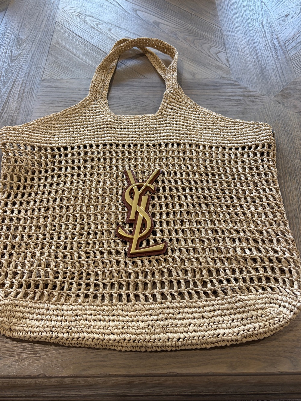 Saint Laurent Beige Straw Open-Weave Tote with Gold YSL Logo